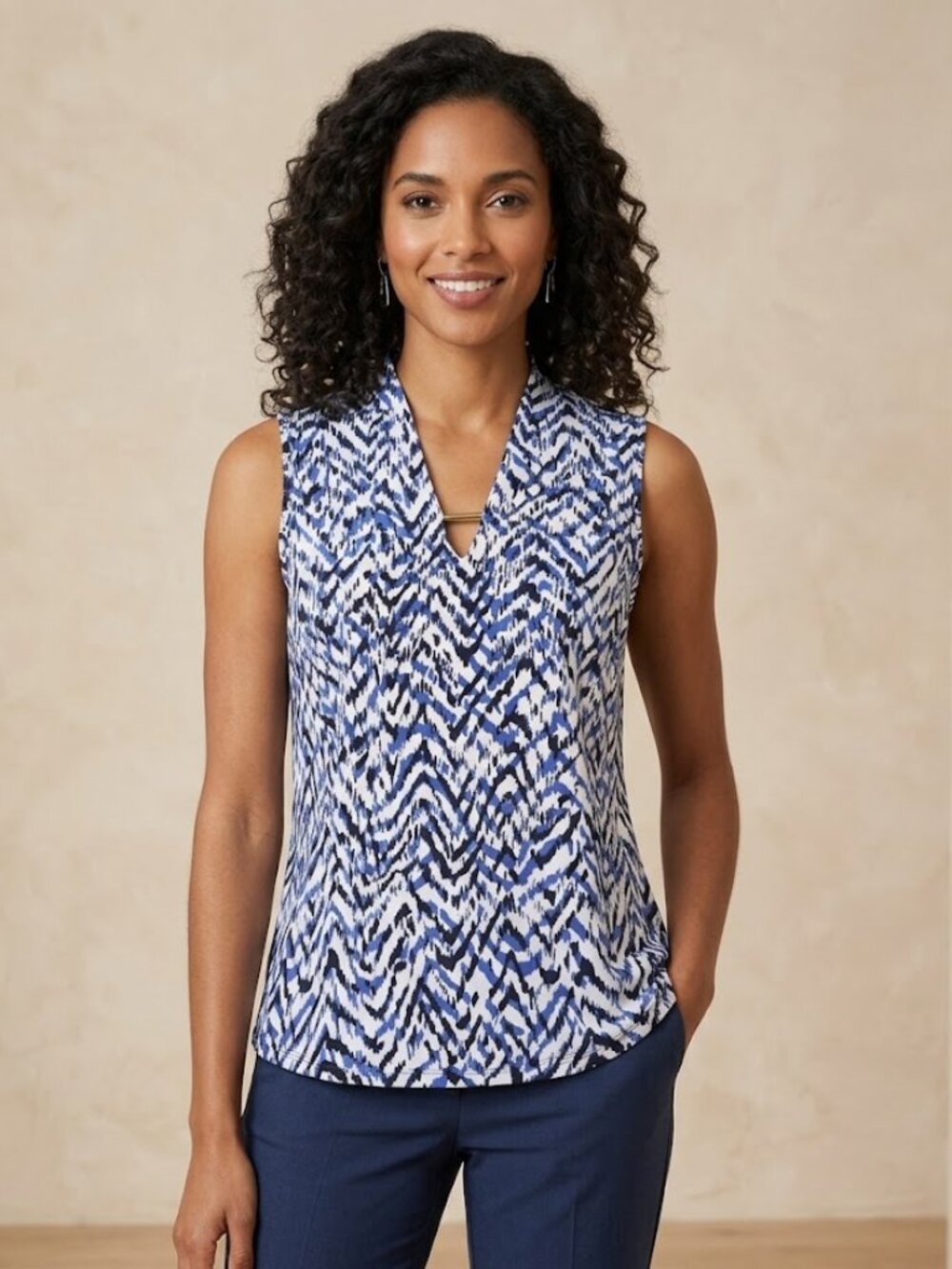 Jones New York Sleeveless Print Keyhole Metal accent Top Blouse Tank Top XS